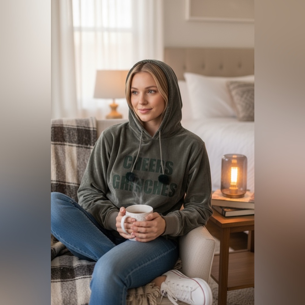 Cozy Zoe New Women's Gray Hoodie Sweater “Cheers Grinches”